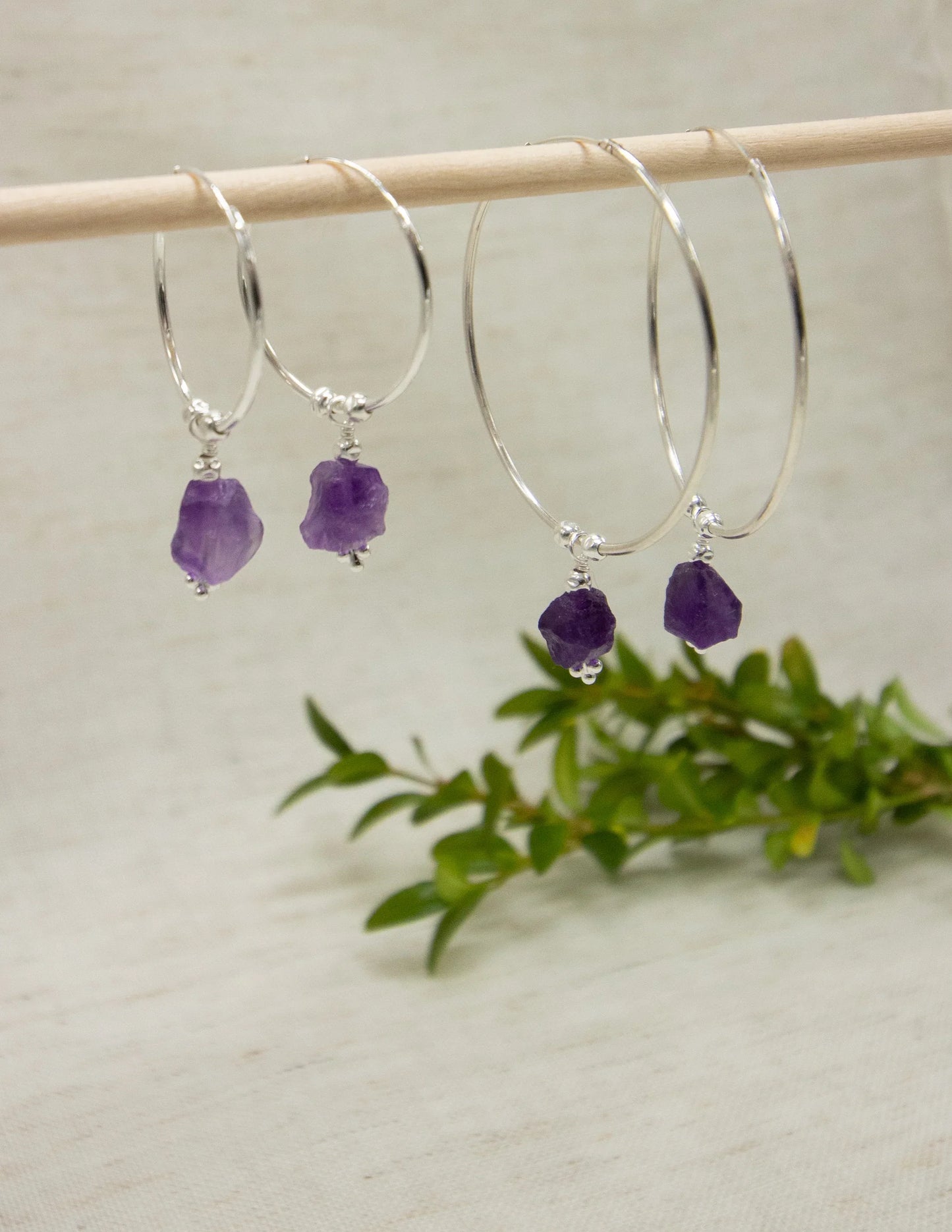 Sterling silver hoop earrings with raw amethyst gemstone drops, minimalist handmade jewelry
