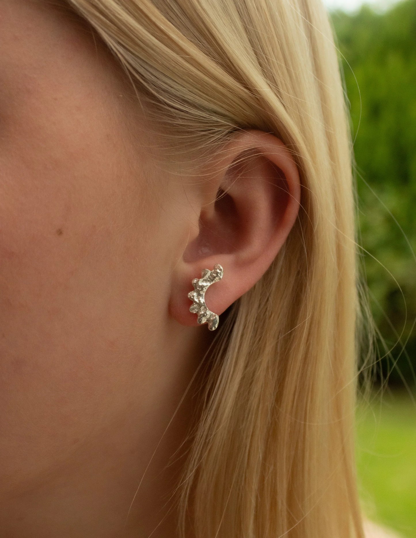 Sterling silver gemstone ear climber earring on ear, modern handmade jewelry