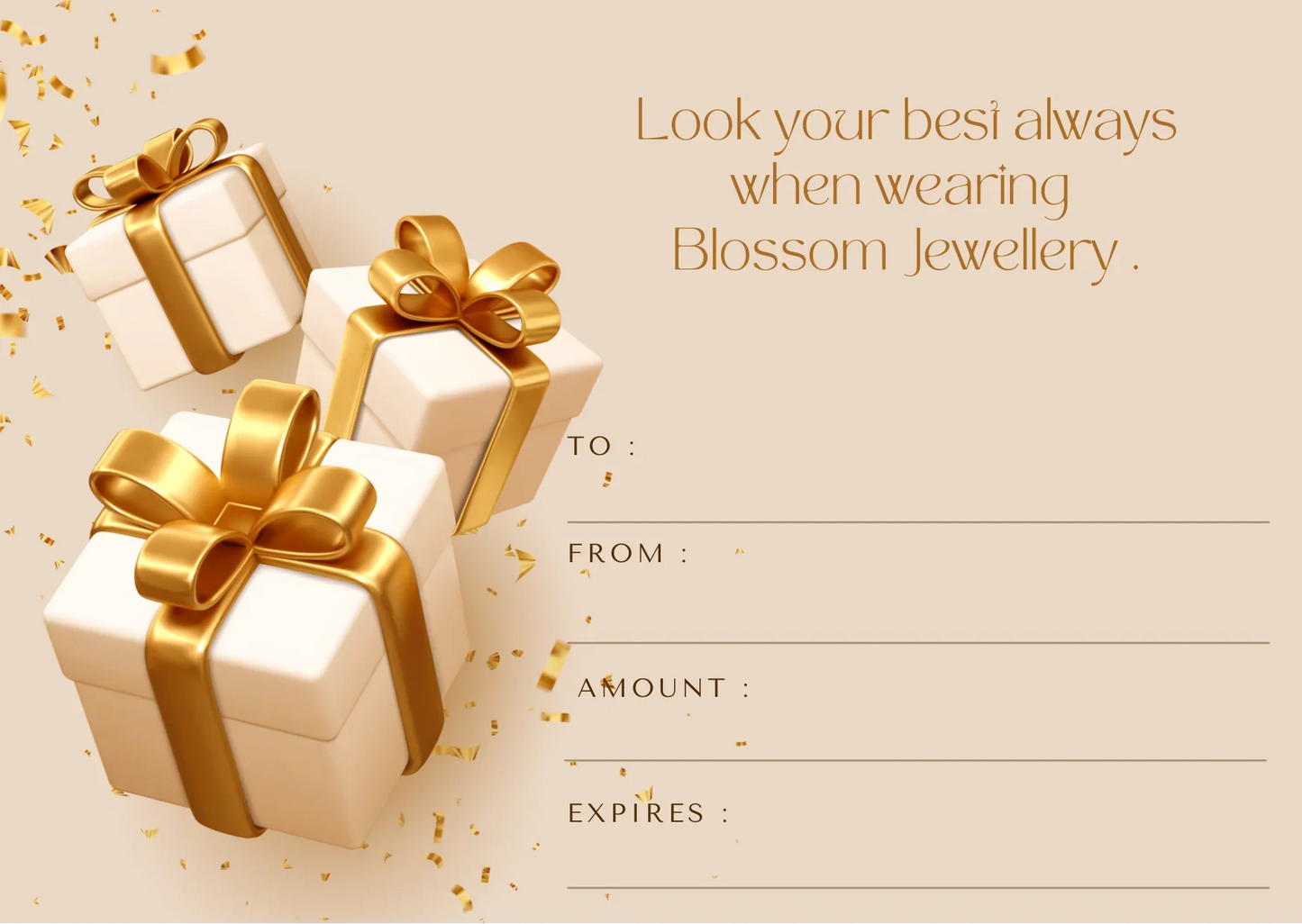 Gift card design with three white presents wrapped in gold ribbon, confetti, and editable fields for recipient, sender, amount, and expiration date.