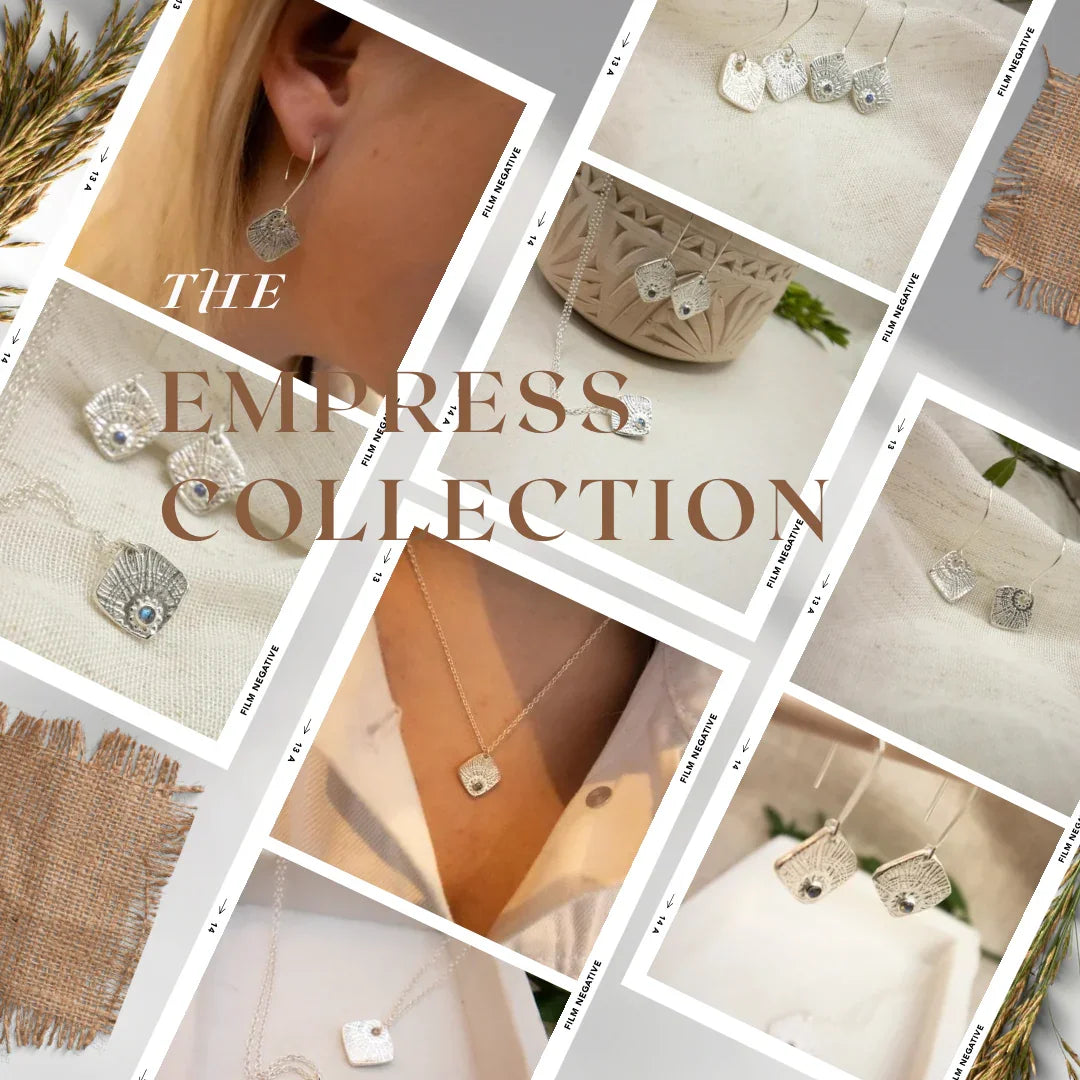 Handmade sterling silver and gemstone Empress Collection earrings and necklaces collage.