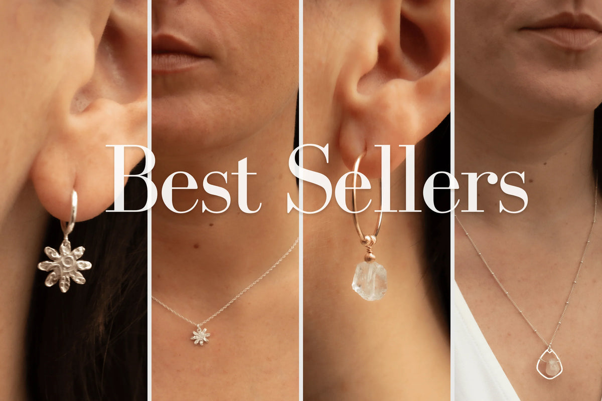 Handmade gemstone earrings and necklaces on models, featuring sterling silver and gold filled jewelry, split into four sections with 'Best Sellers' text overlay.
