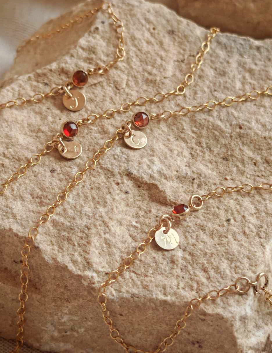Initial Garnet 14k gold filled bracelet