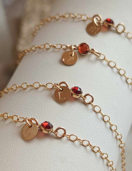 Initial Garnet 14k gold filled bracelet