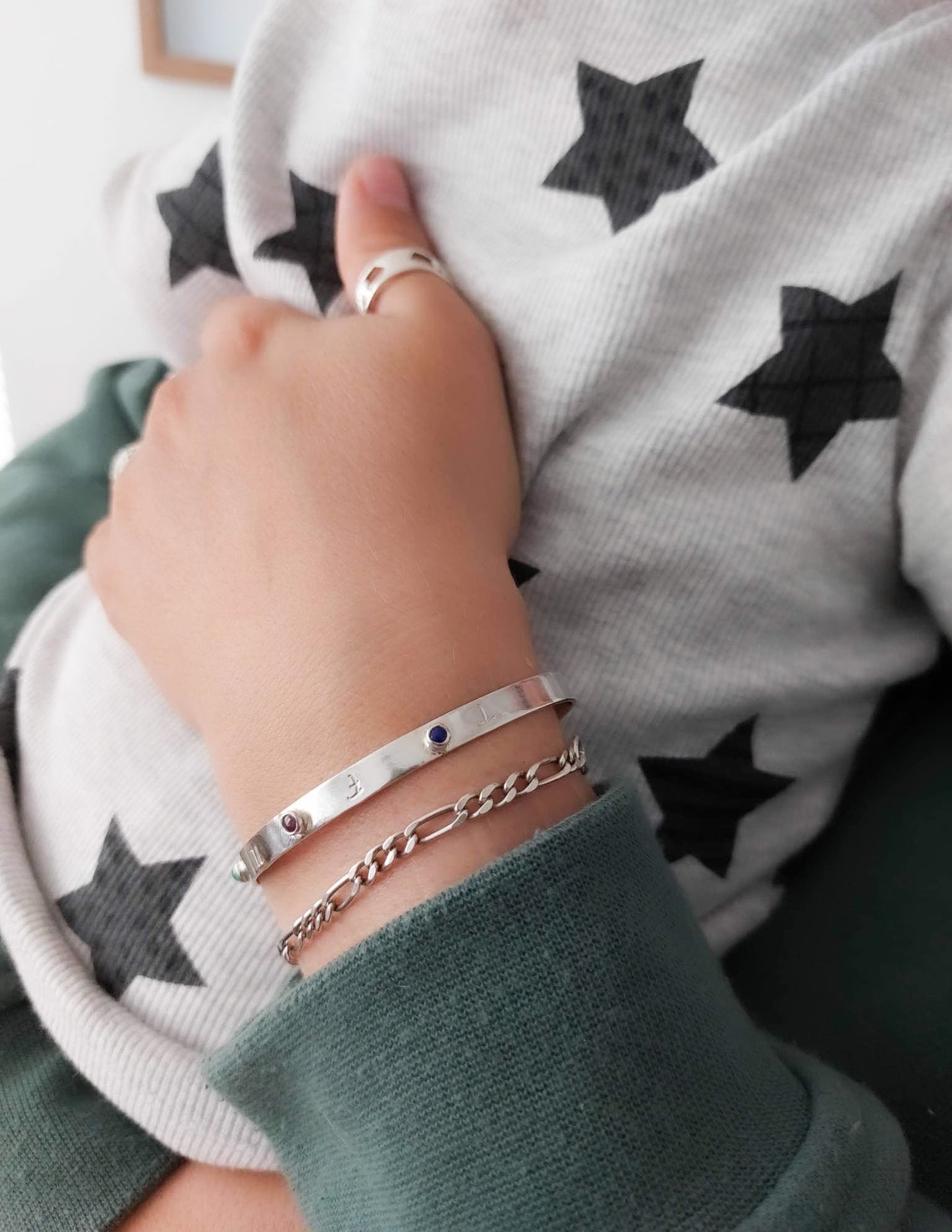 Initial, birthstone cuff bangle