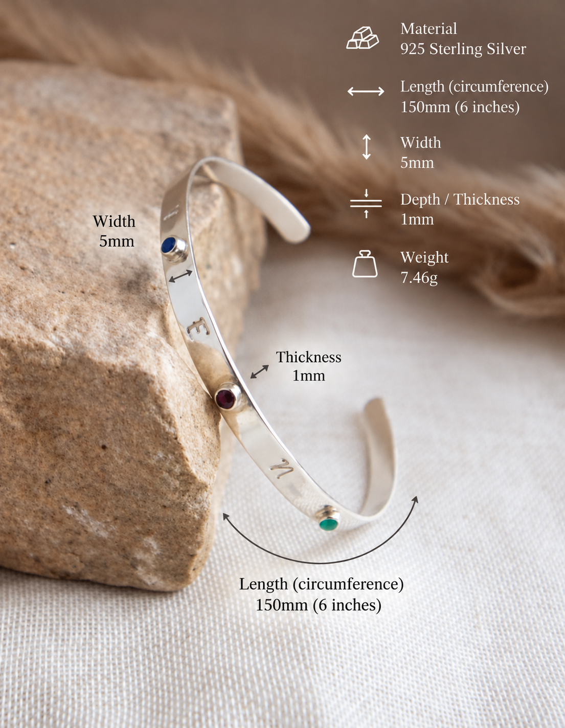 Personalised Initial & Birthstone Cuff Bangle
