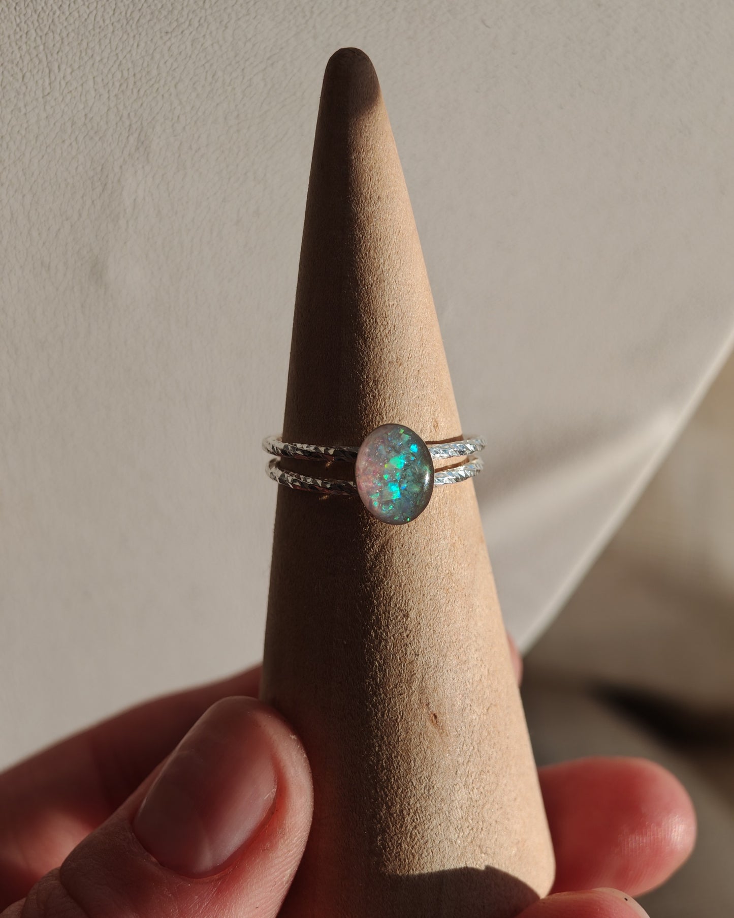 Crushed opal, oval double band ring