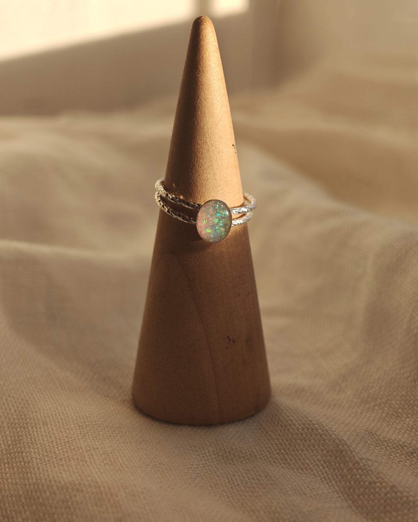 Crushed opal, oval double band ring