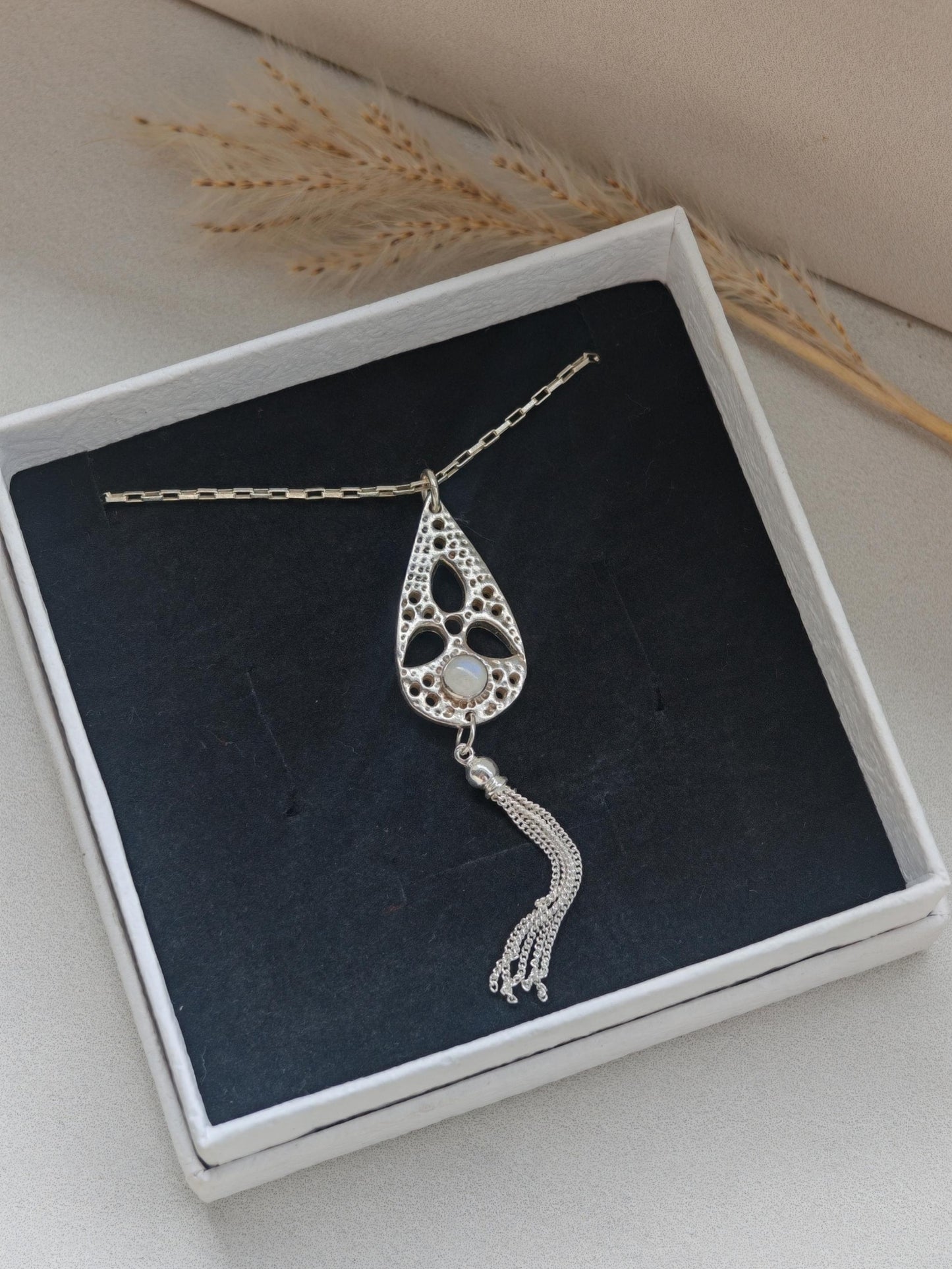 Aurora moonstone long chain tassel necklace