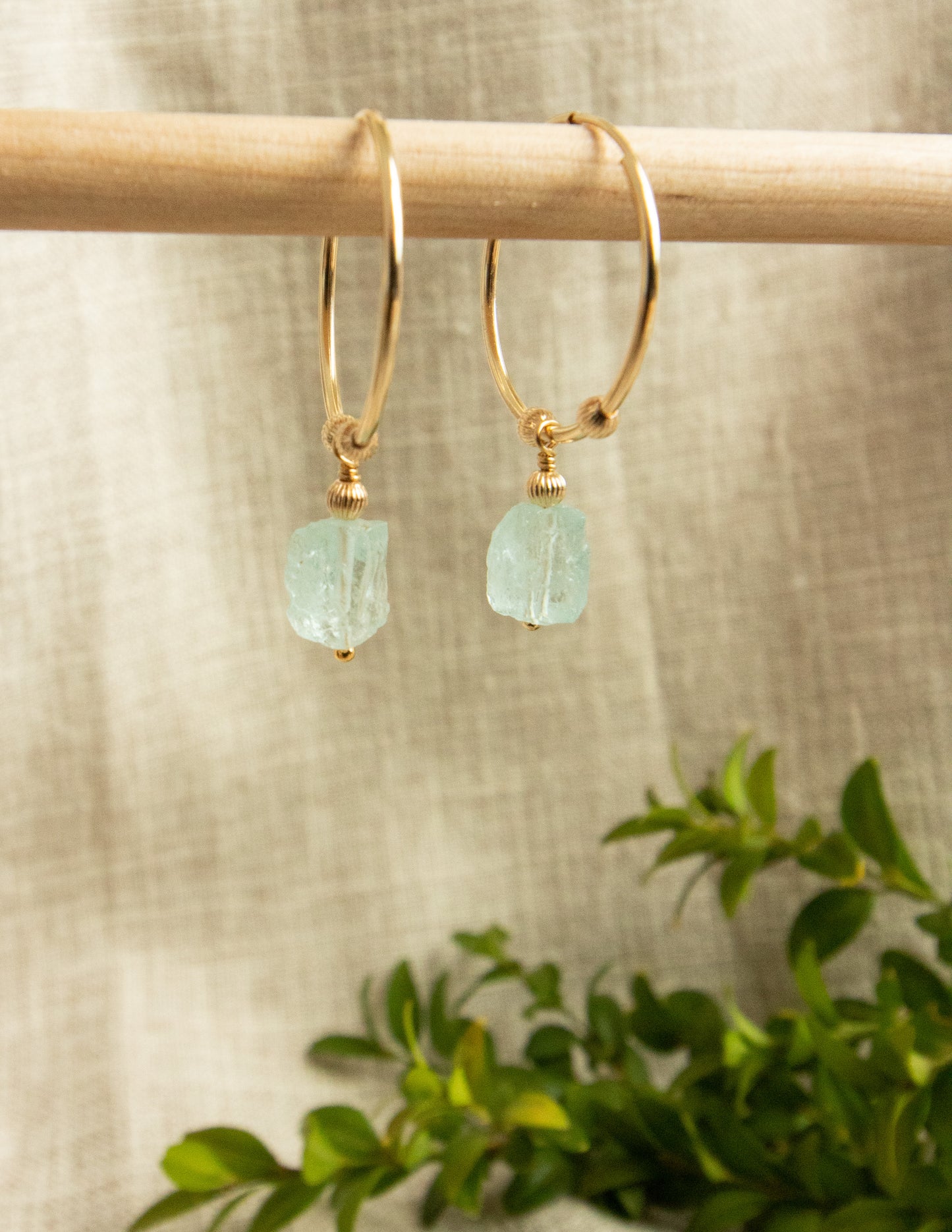 Aquamarine crystal Gold filled hoops